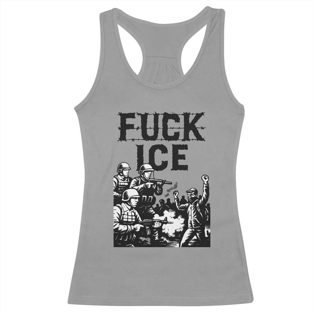 F Ice Riot Protest Graphic Racerback Tank Top Political Resistance Against Ice Violence TS02 Sport Gray Print Your Wear