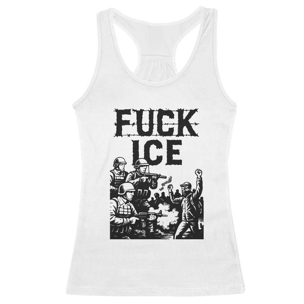 F Ice Riot Protest Graphic Racerback Tank Top Political Resistance Against Ice Violence TS02 White Print Your Wear