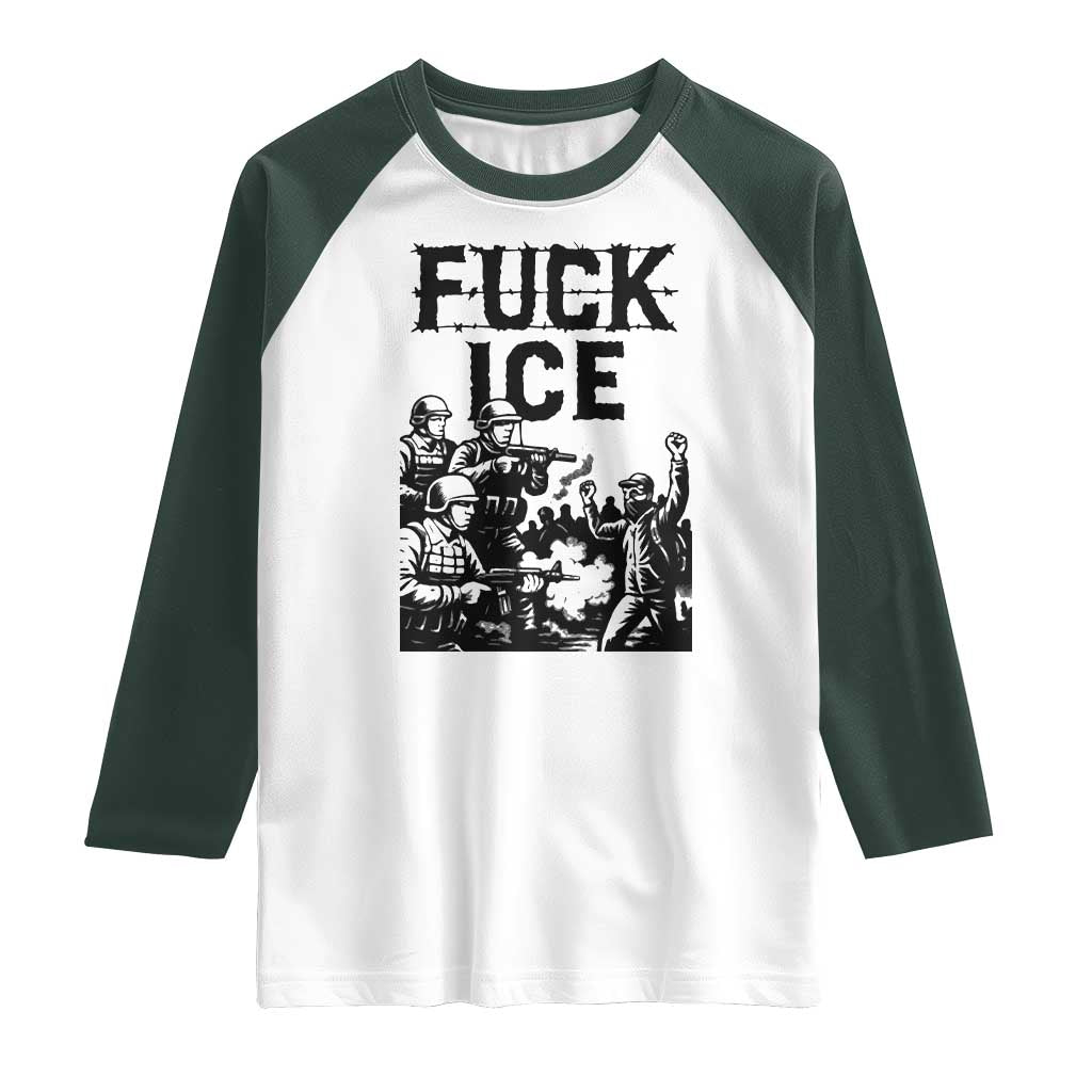 F Ice Riot Protest Graphic Raglan Shirt Political Resistance Against Ice Violence TS02 White Dark Forest Green Print Your Wear