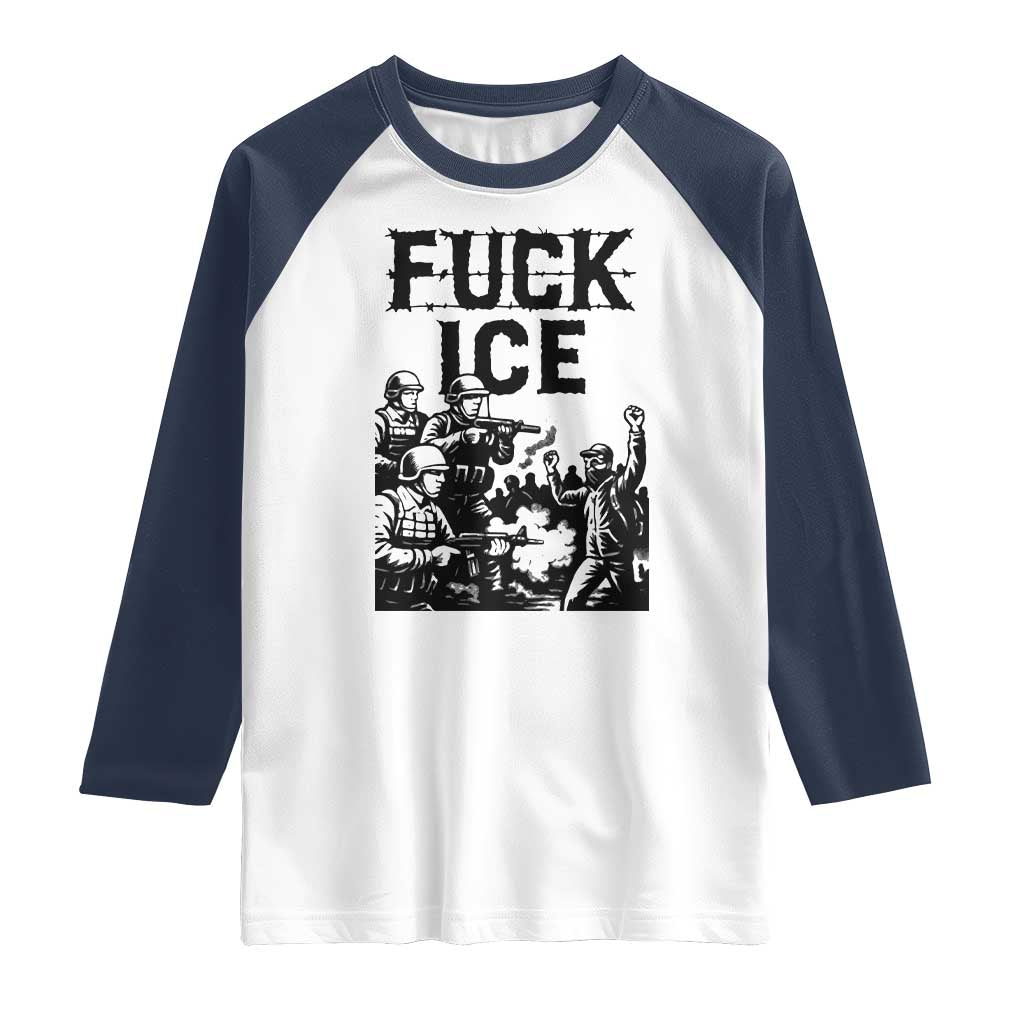 F Ice Riot Protest Graphic Raglan Shirt Political Resistance Against Ice Violence TS02 White Navy Print Your Wear
