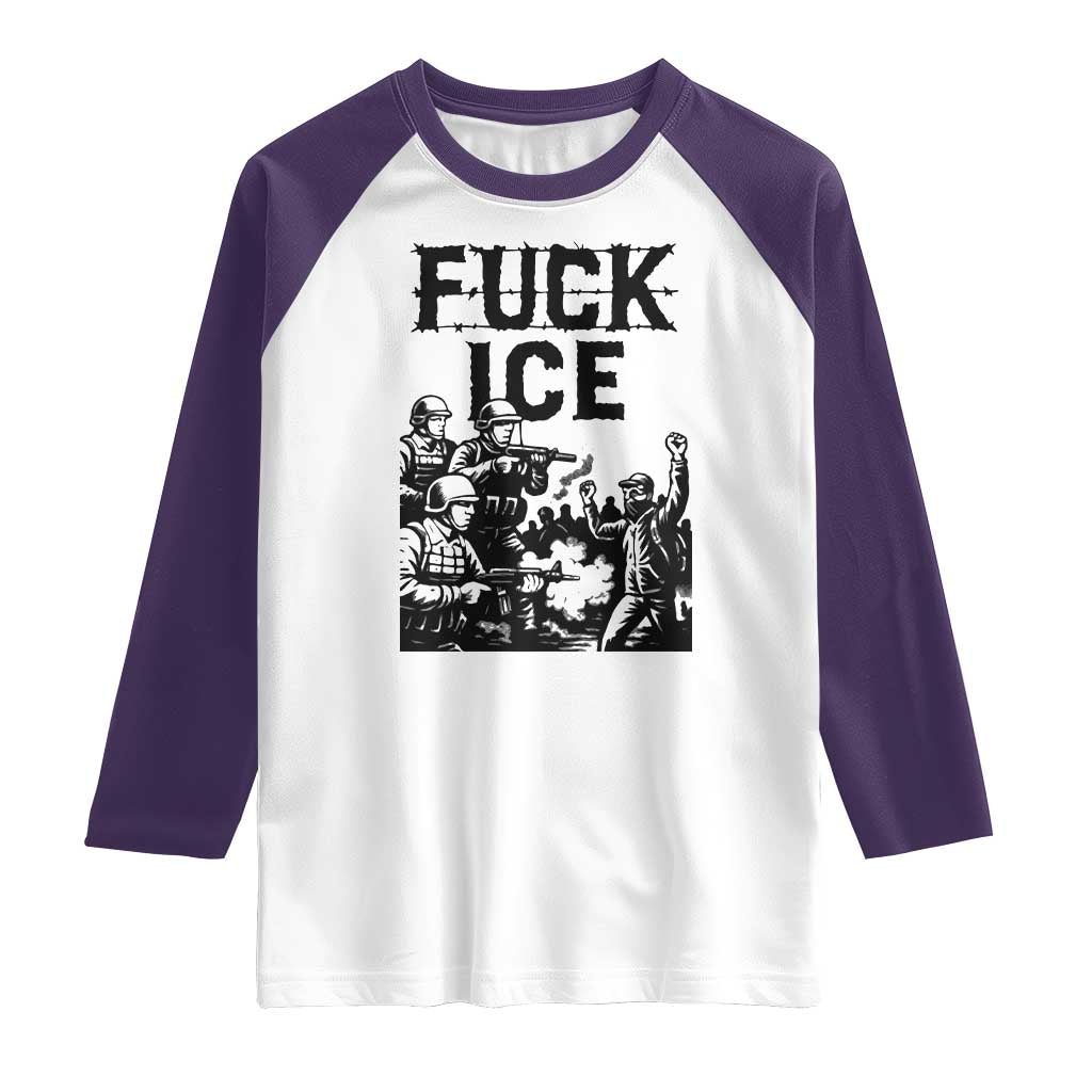 F Ice Riot Protest Graphic Raglan Shirt Political Resistance Against Ice Violence TS02 White Purple Print Your Wear