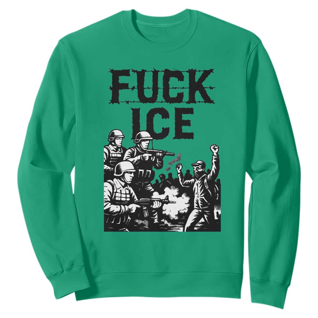 F Ice Riot Protest Graphic Sweatshirt Political Resistance Against Ice Violence TS02 Irish Green Print Your Wear