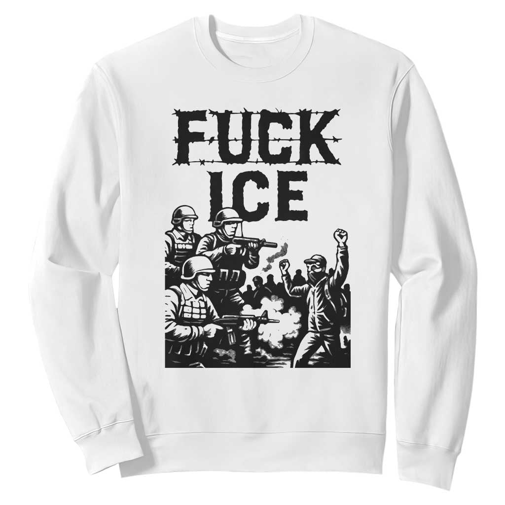 F Ice Riot Protest Graphic Sweatshirt Political Resistance Against Ice Violence TS02 White Print Your Wear