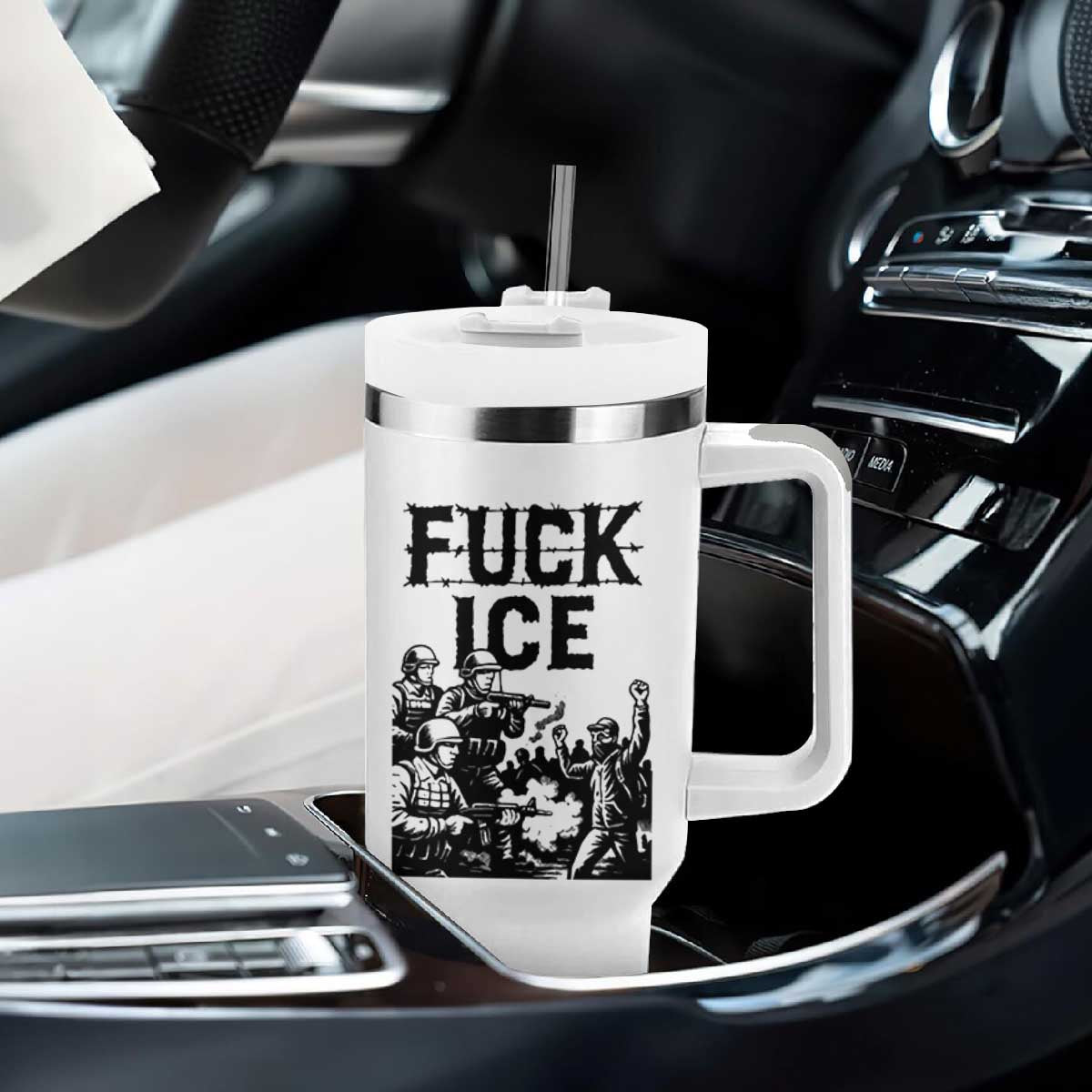 F Ice Riot Protest Graphic Tumbler With Handle Political Resistance Against Ice Violence TS02 Print Your Wear