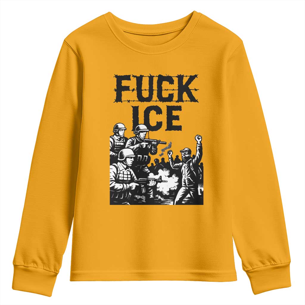 F Ice Riot Protest Graphic Youth Sweatshirt Political Resistance Against Ice Violence TS02 Gold Print Your Wear