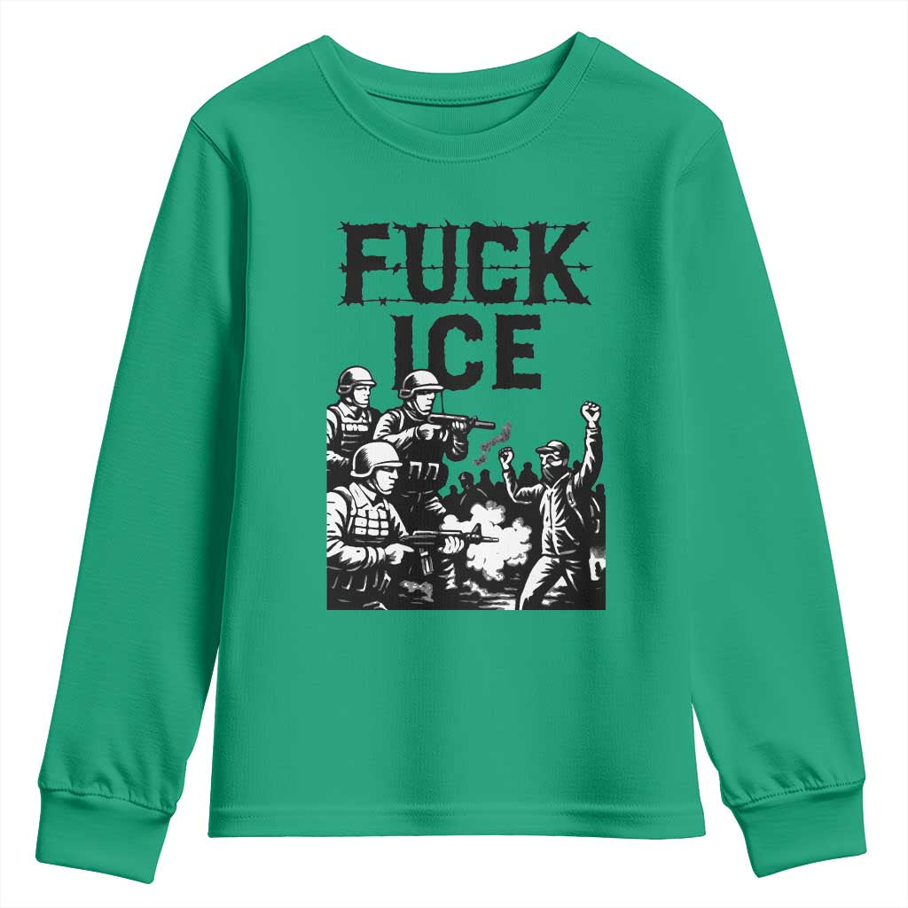 F Ice Riot Protest Graphic Youth Sweatshirt Political Resistance Against Ice Violence TS02 Irish Green Print Your Wear