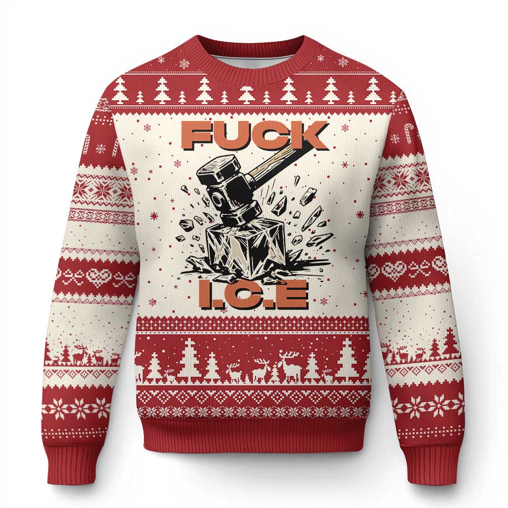 Crush Ice Protest Graphic Ugly Christmas Sweater Sledgehammer Smash Against Ice Political Resistance TS02 Beige Red Print Your Wear