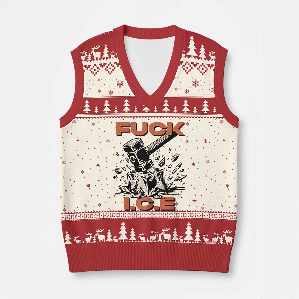 Crush Ice Protest Graphic V-Neck Knit Sweater Vest Sledgehammer Smash Against Ice Political Resistance TS02 Beige Red Print Your Wear