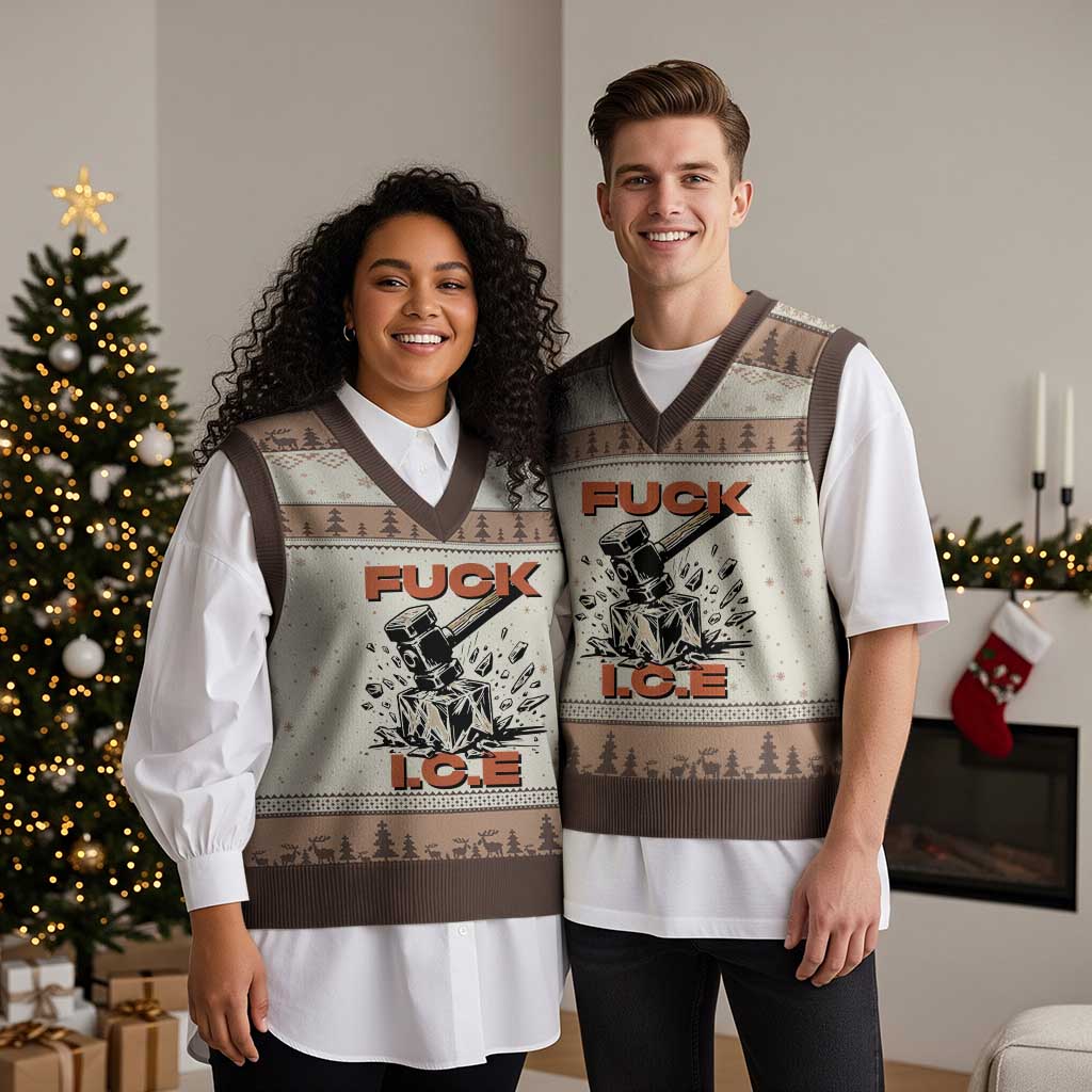 Crush Ice Protest Graphic V-Neck Knit Sweater Vest Sledgehammer Smash Against Ice Political Resistance TS02 Mocha Mousse Print Your Wear