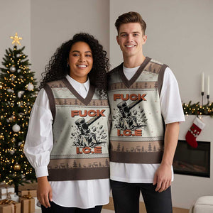 Crush Ice Protest Graphic V-Neck Knit Sweater Vest Sledgehammer Smash Against Ice Political Resistance TS02 Mocha Mousse Print Your Wear