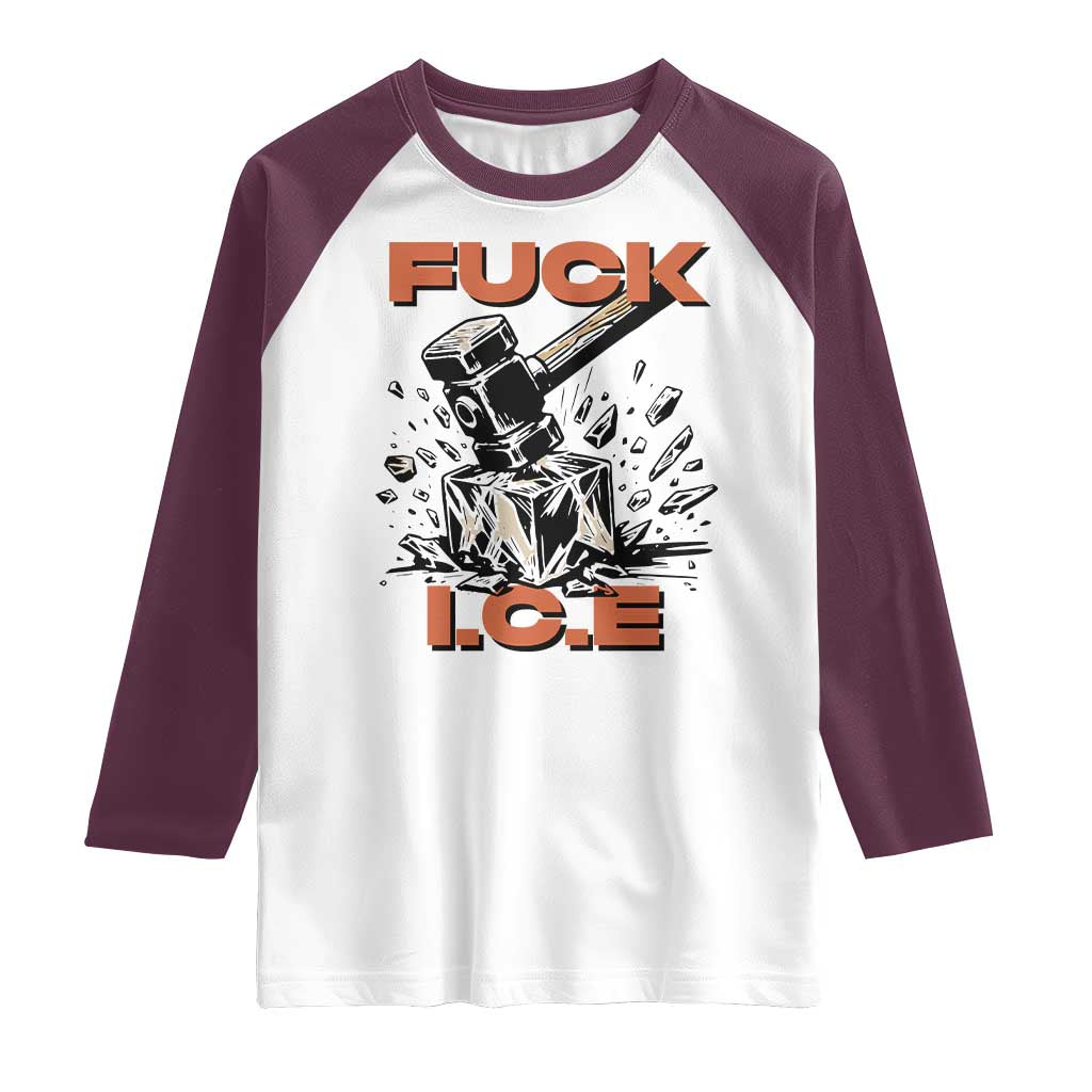 Crush Ice Protest Graphic Raglan Shirt Sledgehammer Smash Against Ice Political Resistance TS02 White Maroon Print Your Wear