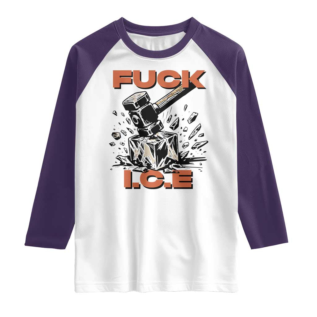 Crush Ice Protest Graphic Raglan Shirt Sledgehammer Smash Against Ice Political Resistance TS02 White Purple Print Your Wear