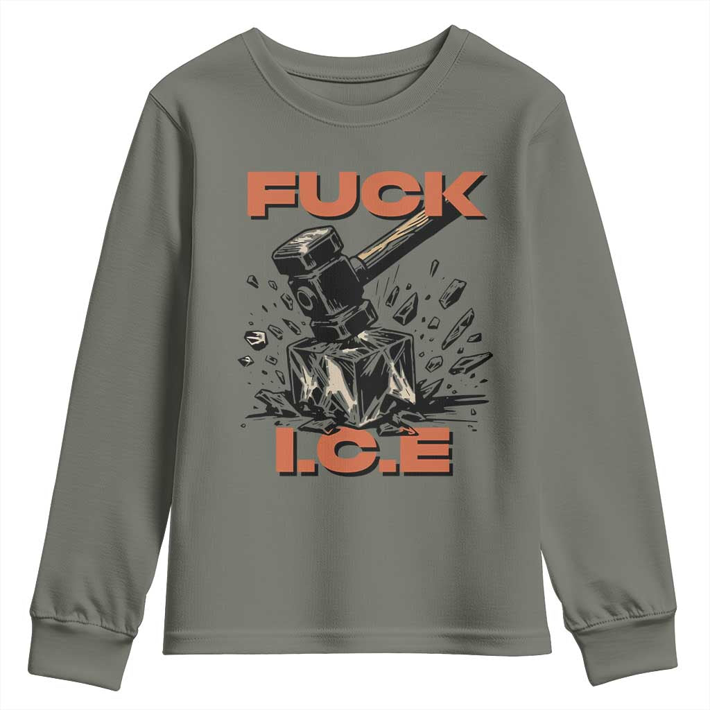Crush Ice Protest Graphic Youth Sweatshirt Sledgehammer Smash Against Ice Political Resistance TS02 Military Green Print Your Wear