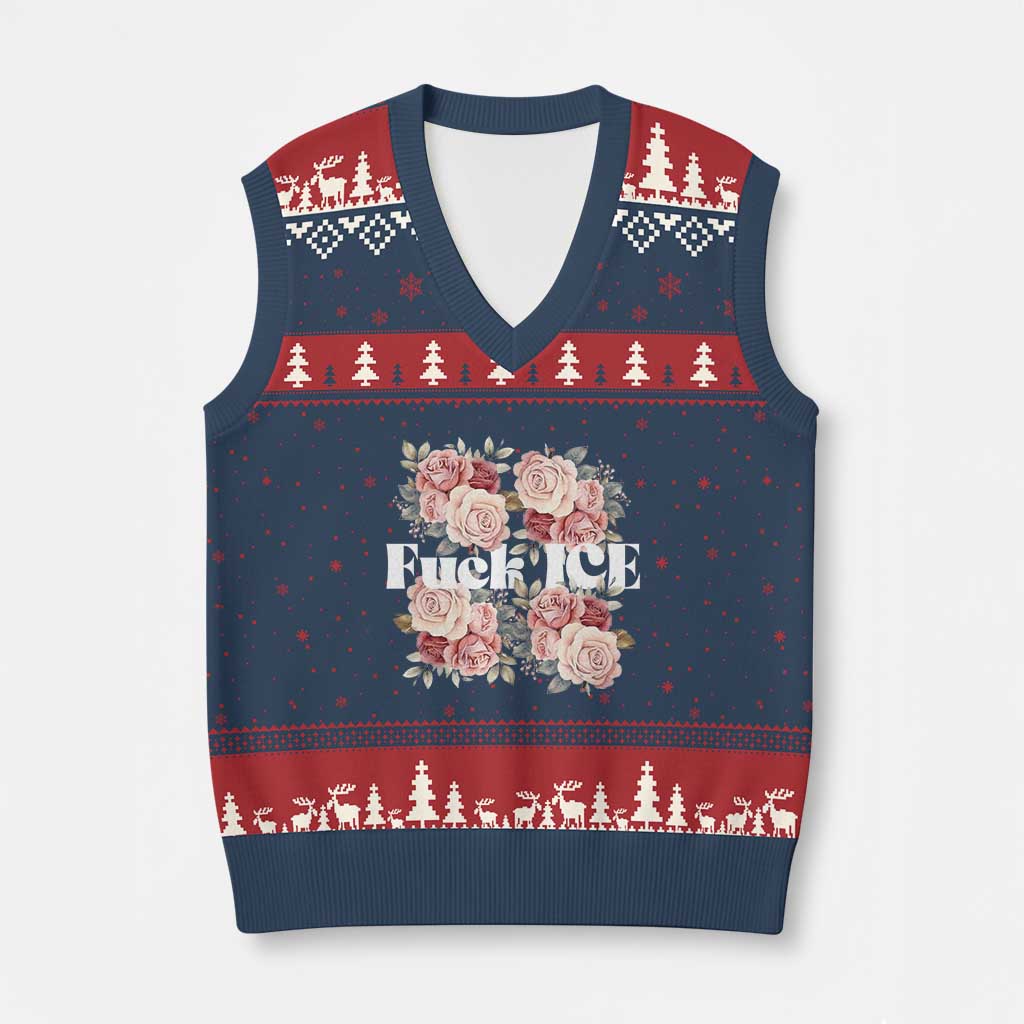 Floral Protest Against Ice V-Neck Knit Sweater Vest Justice and Freedom Political Resistance TS02 Navy Red Print Your Wear