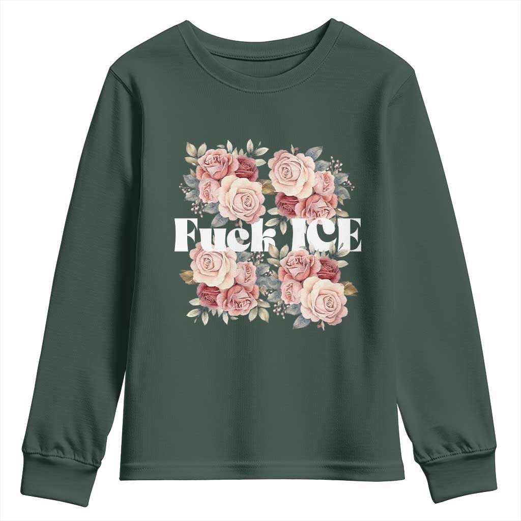 Floral Protest Against Ice Youth Sweatshirt Justice and Freedom Political Resistance TS02 Dark Forest Green Print Your Wear