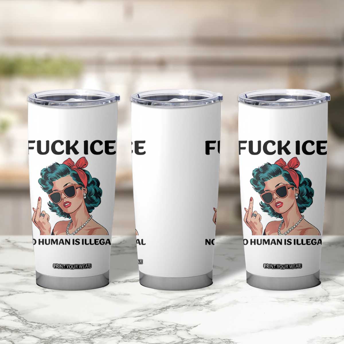 F Ice No Human Is Illegal Tumbler Cup Feminist Pop Art Against Ice Protest Resistance TS02 Print Your Wear
