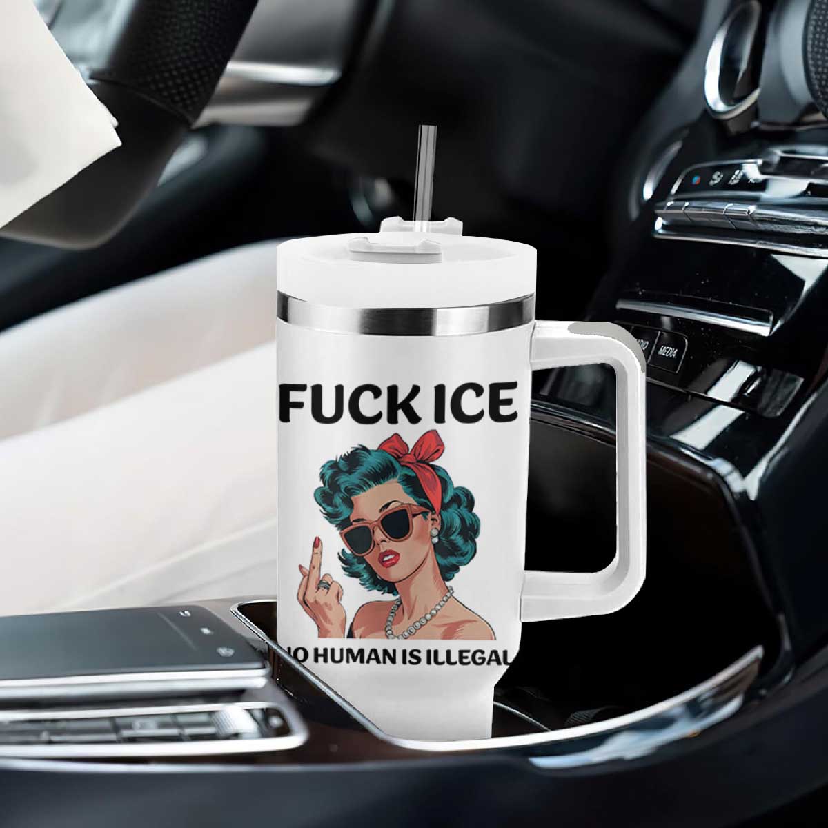 F Ice No Human Is Illegal Tumbler With Handle Feminist Pop Art Against Ice Protest Resistance TS02 Print Your Wear