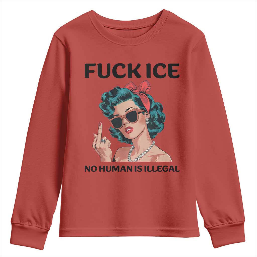 F Ice No Human Is Illegal Youth Sweatshirt Feminist Pop Art Against Ice Protest Resistance TS02 Red Print Your Wear