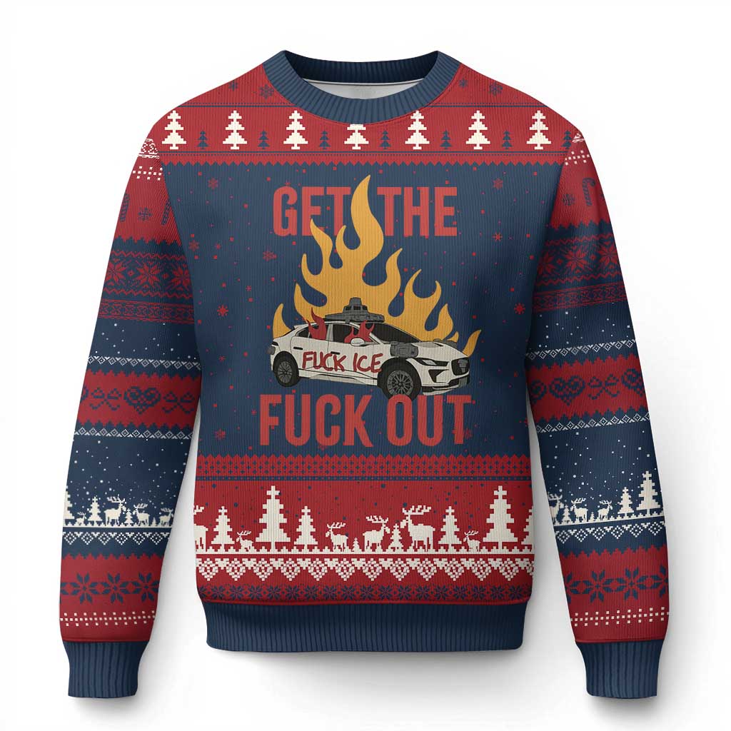 Ice Get the F Out Burning Car Graphic Ugly Christmas Sweater Against Ice Protest Resistance TS02 Navy Red Print Your Wear