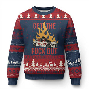 Ice Get the F Out Burning Car Graphic Ugly Christmas Sweater Against Ice Protest Resistance TS02 Navy Red Print Your Wear