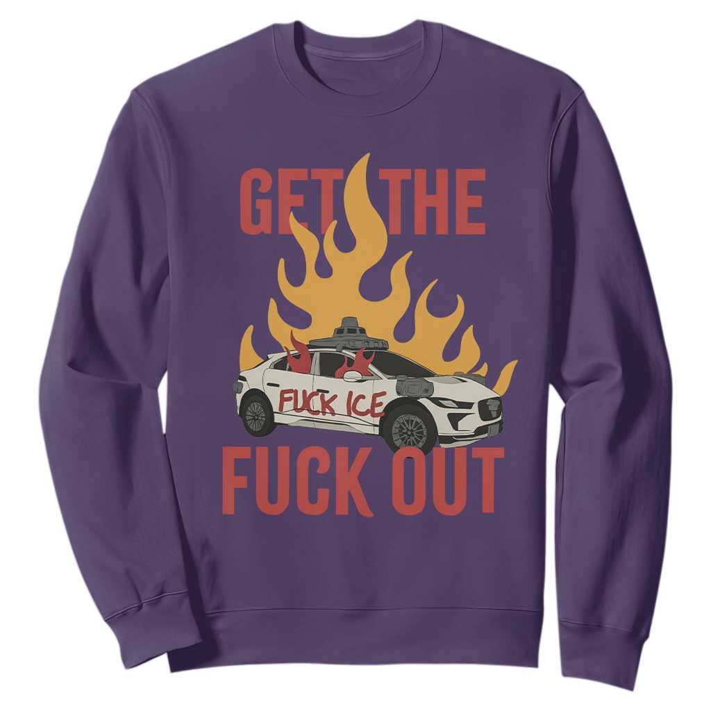 Ice Get the F Out Burning Car Graphic Sweatshirt Against Ice Protest Resistance TS02 Purple Print Your Wear