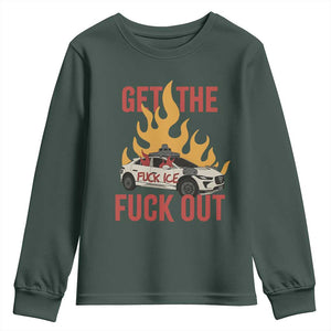 Ice Get the F Out Burning Car Graphic Youth Sweatshirt Against Ice Protest Resistance TS02 Dark Forest Green Print Your Wear