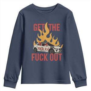 Ice Get the F Out Burning Car Graphic Youth Sweatshirt Against Ice Protest Resistance TS02 Navy Print Your Wear