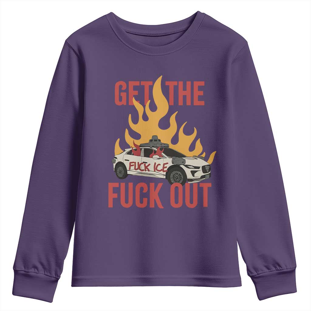 Ice Get the F Out Burning Car Graphic Youth Sweatshirt Against Ice Protest Resistance TS02 Purple Print Your Wear