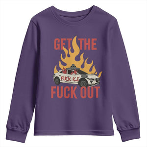Ice Get the F Out Burning Car Graphic Youth Sweatshirt Against Ice Protest Resistance TS02 Purple Print Your Wear