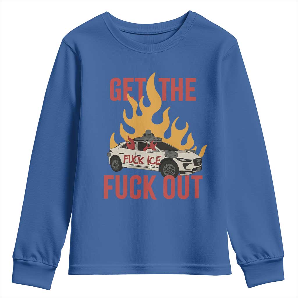 Ice Get the F Out Burning Car Graphic Youth Sweatshirt Against Ice Protest Resistance TS02 Royal Blue Print Your Wear