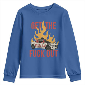 Ice Get the F Out Burning Car Graphic Youth Sweatshirt Against Ice Protest Resistance TS02 Royal Blue Print Your Wear