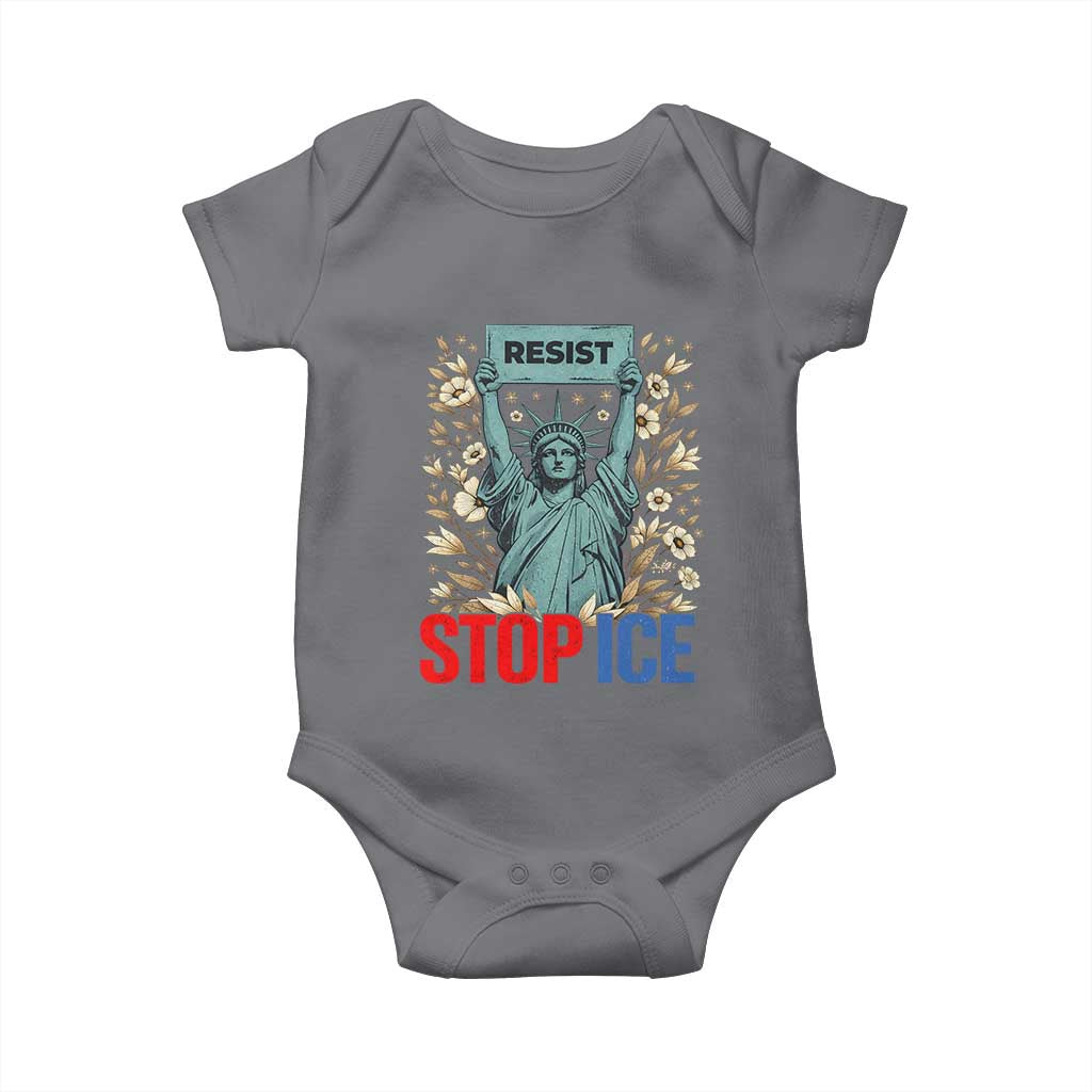 Statue of Liberty Resist Stop Ice Baby Onesie Floral Activist for Justice and Freedom TS02 Charcoal Print Your Wear