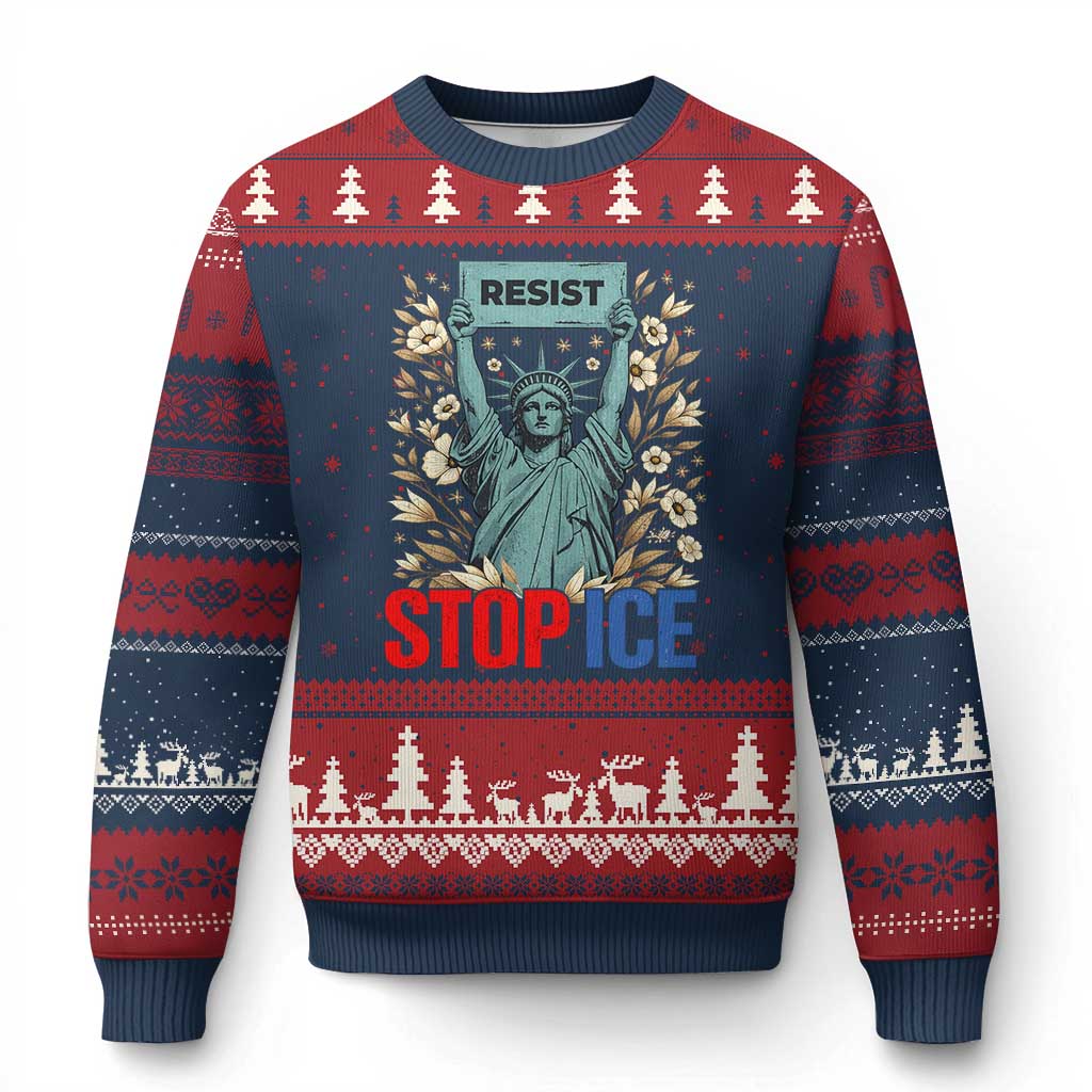 Statue of Liberty Resist Stop Ice Ugly Christmas Sweater Floral Activist for Justice and Freedom TS02 Navy Red Print Your Wear