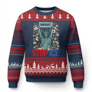 Statue of Liberty Resist Stop Ice Ugly Christmas Sweater Floral Activist for Justice and Freedom TS02 Navy Red Print Your Wear