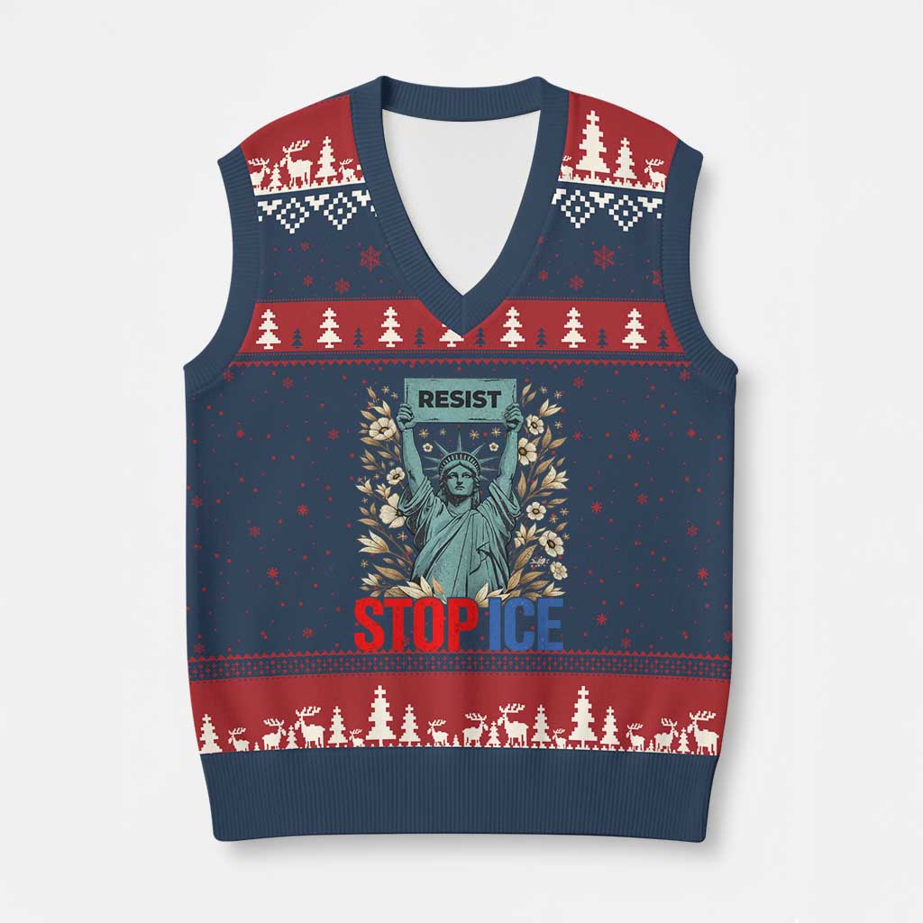 Statue of Liberty Resist Stop Ice V-Neck Knit Sweater Vest Floral Activist for Justice and Freedom TS02 Navy Red Print Your Wear