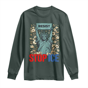 Statue of Liberty Resist Stop Ice Long Sleeve Shirt Floral Activist for Justice and Freedom TS02 Dark Forest Green Print Your Wear