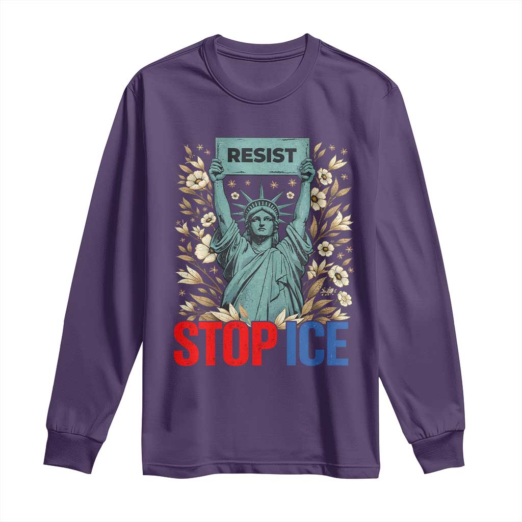 Statue of Liberty Resist Stop Ice Long Sleeve Shirt Floral Activist for Justice and Freedom TS02 Purple Print Your Wear