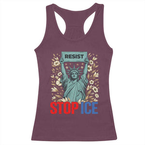 Statue of Liberty Resist Stop Ice Racerback Tank Top Floral Activist for Justice and Freedom TS02 Maroon Print Your Wear