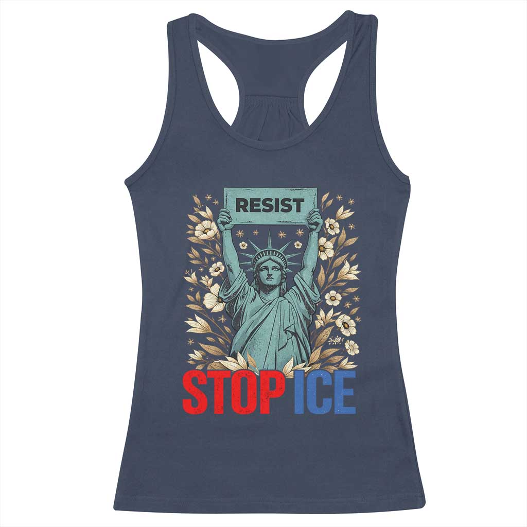 Statue of Liberty Resist Stop Ice Racerback Tank Top Floral Activist for Justice and Freedom TS02 Navy Print Your Wear
