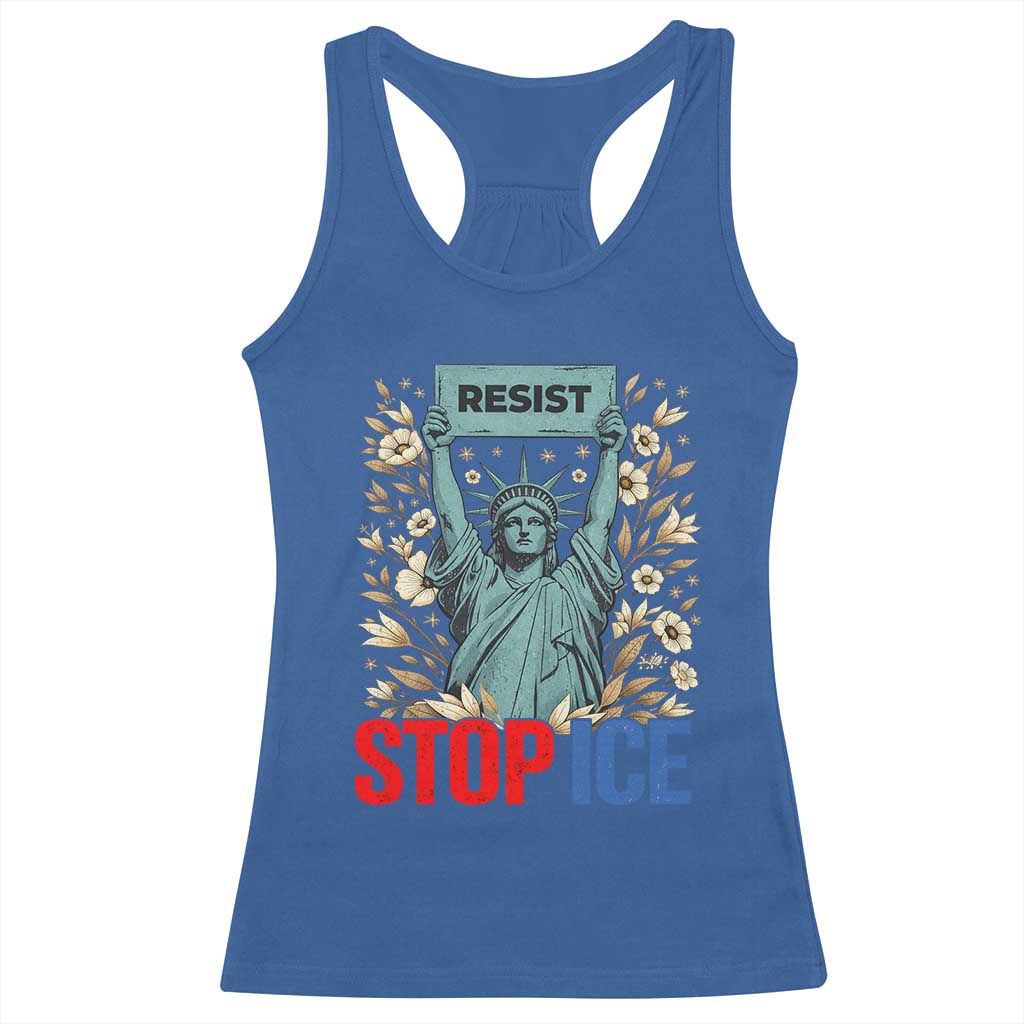 Statue of Liberty Resist Stop Ice Racerback Tank Top Floral Activist for Justice and Freedom TS02 Royal Blue Print Your Wear