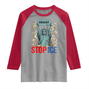 Statue of Liberty Resist Stop Ice Raglan Shirt Floral Activist for Justice and Freedom TS02 Sport Gray Red Print Your Wear
