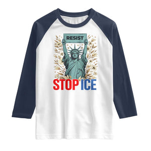 Statue of Liberty Resist Stop Ice Raglan Shirt Floral Activist for Justice and Freedom TS02 White Navy Print Your Wear
