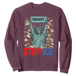 Statue of Liberty Resist Stop Ice Sweatshirt Floral Activist for Justice and Freedom TS02 Maroon Print Your Wear