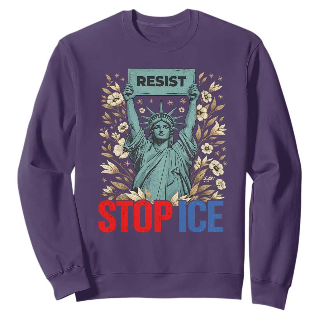 Statue of Liberty Resist Stop Ice Sweatshirt Floral Activist for Justice and Freedom TS02 Purple Print Your Wear