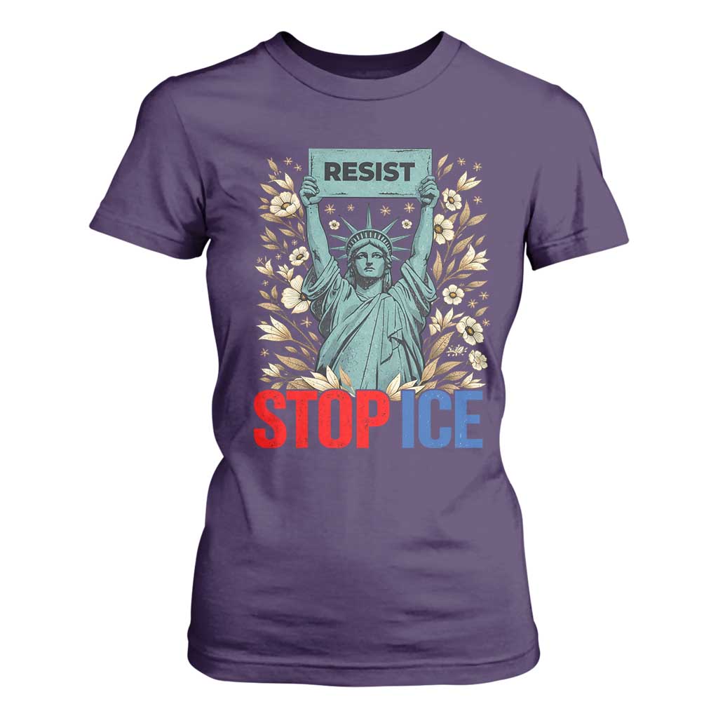 Statue of Liberty Resist Stop Ice T Shirt For Women Floral Activist for Justice and Freedom TS02 Purple Print Your Wear