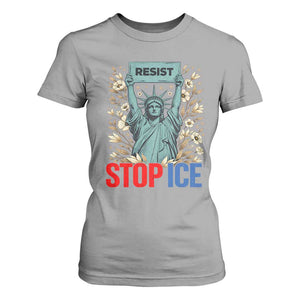 Statue of Liberty Resist Stop Ice T Shirt For Women Floral Activist for Justice and Freedom TS02 Sport Gray Print Your Wear