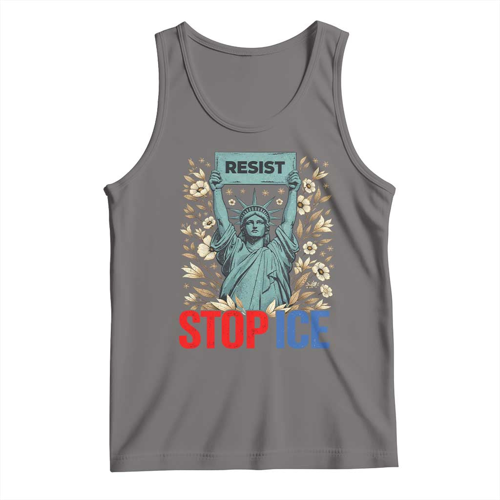 Statue of Liberty Resist Stop Ice Tank Top Floral Activist for Justice and Freedom TS02 Deep Heather Print Your Wear