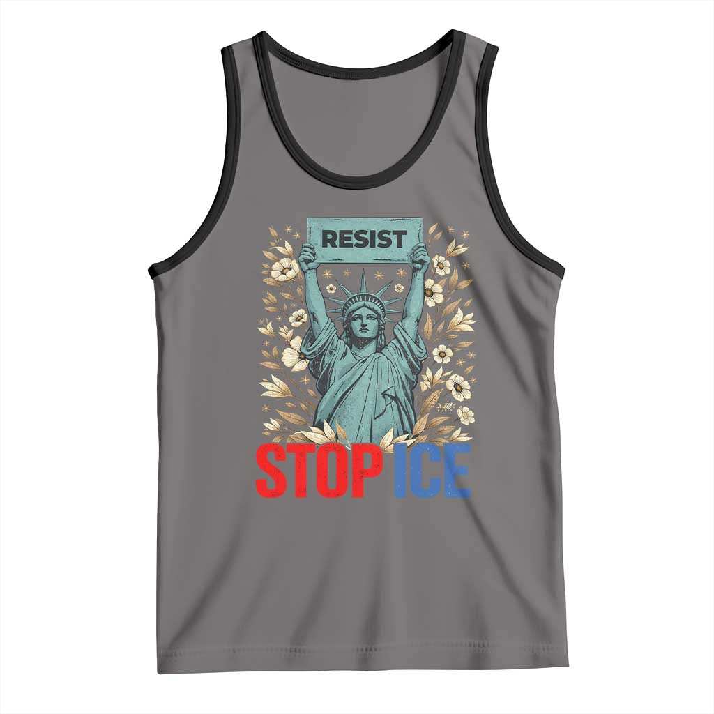Statue of Liberty Resist Stop Ice Tank Top Floral Activist for Justice and Freedom TS02 Deep Heather Black Print Your Wear