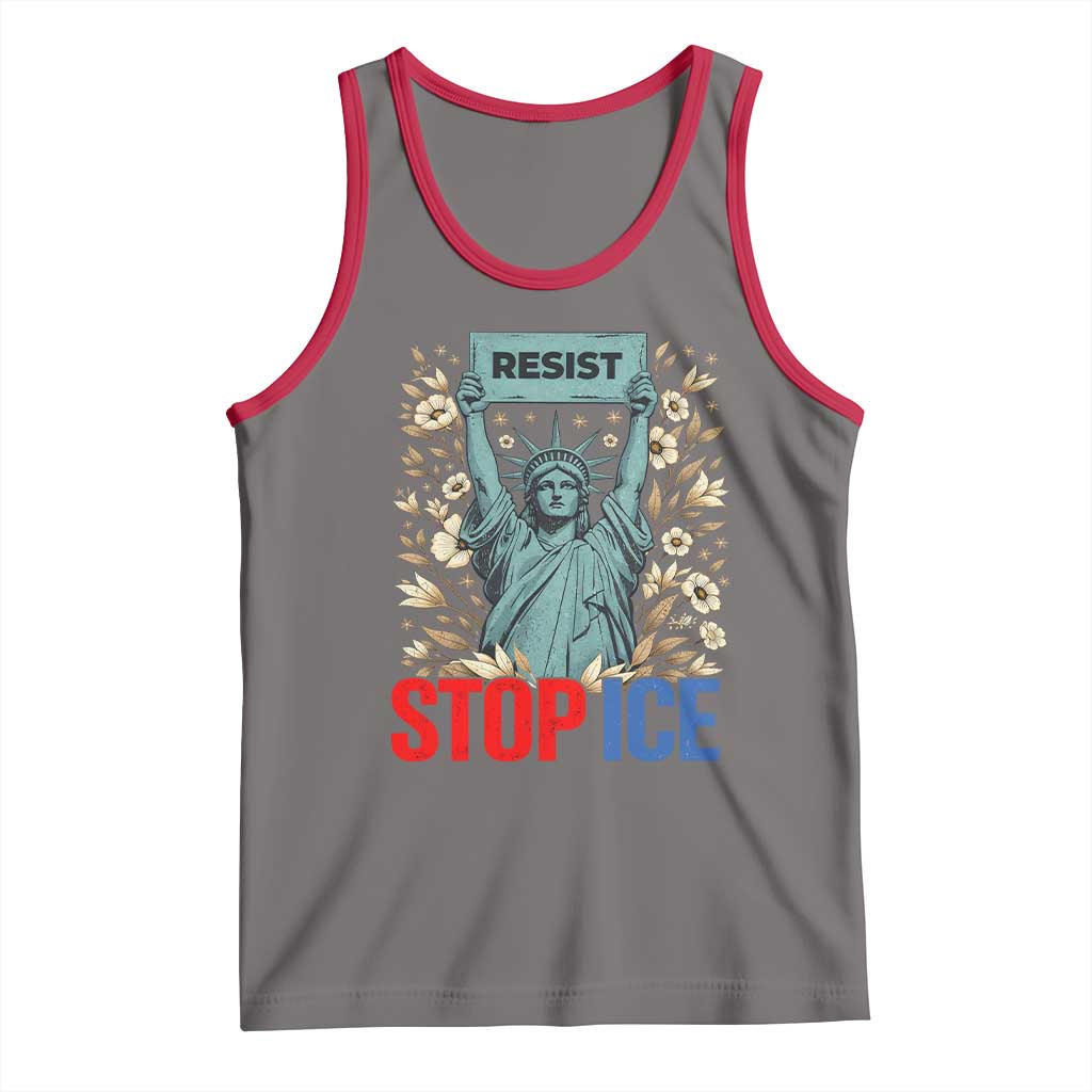 Statue of Liberty Resist Stop Ice Tank Top Floral Activist for Justice and Freedom TS02 Deep Heather Red Print Your Wear