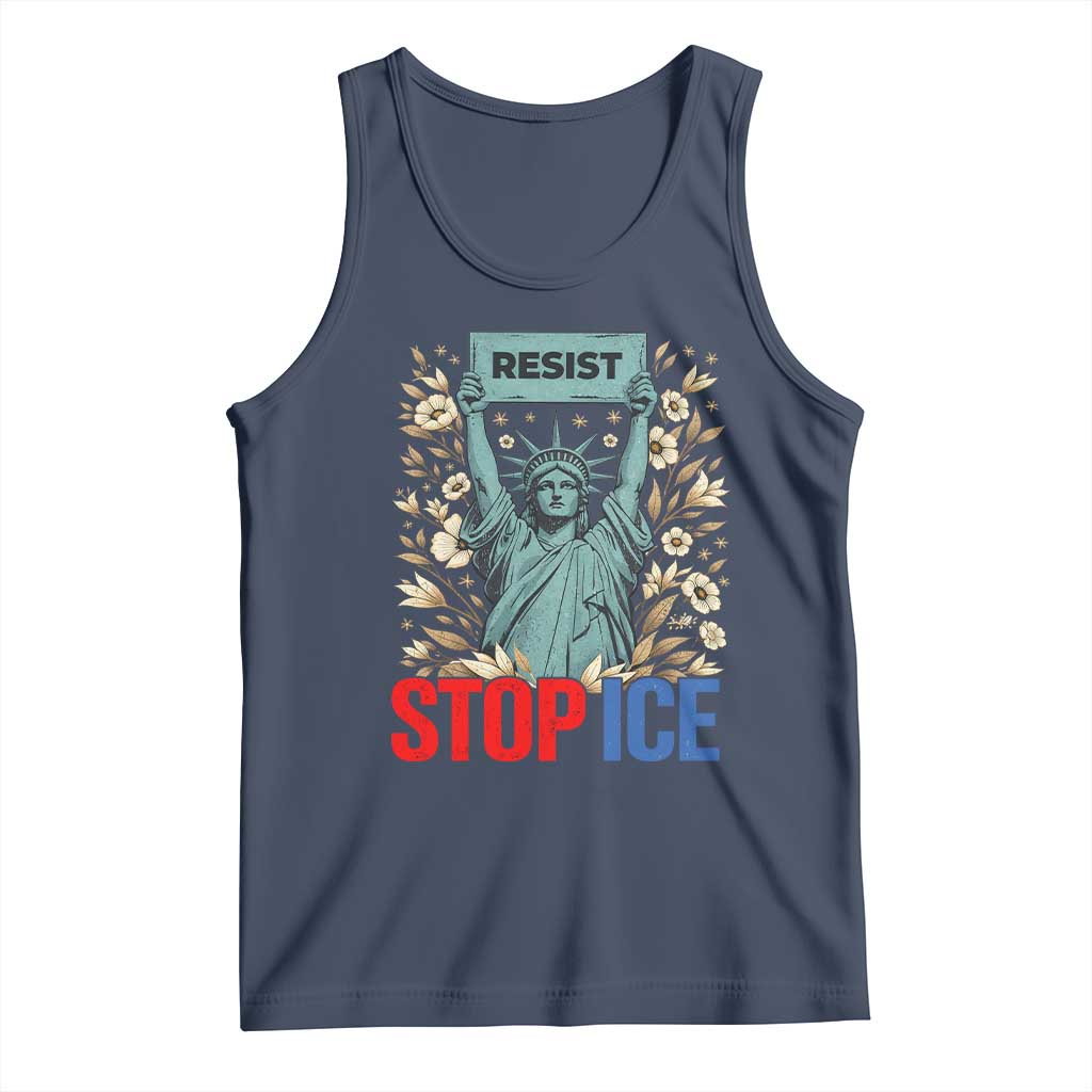 Statue of Liberty Resist Stop Ice Tank Top Floral Activist for Justice and Freedom TS02 Navy Print Your Wear